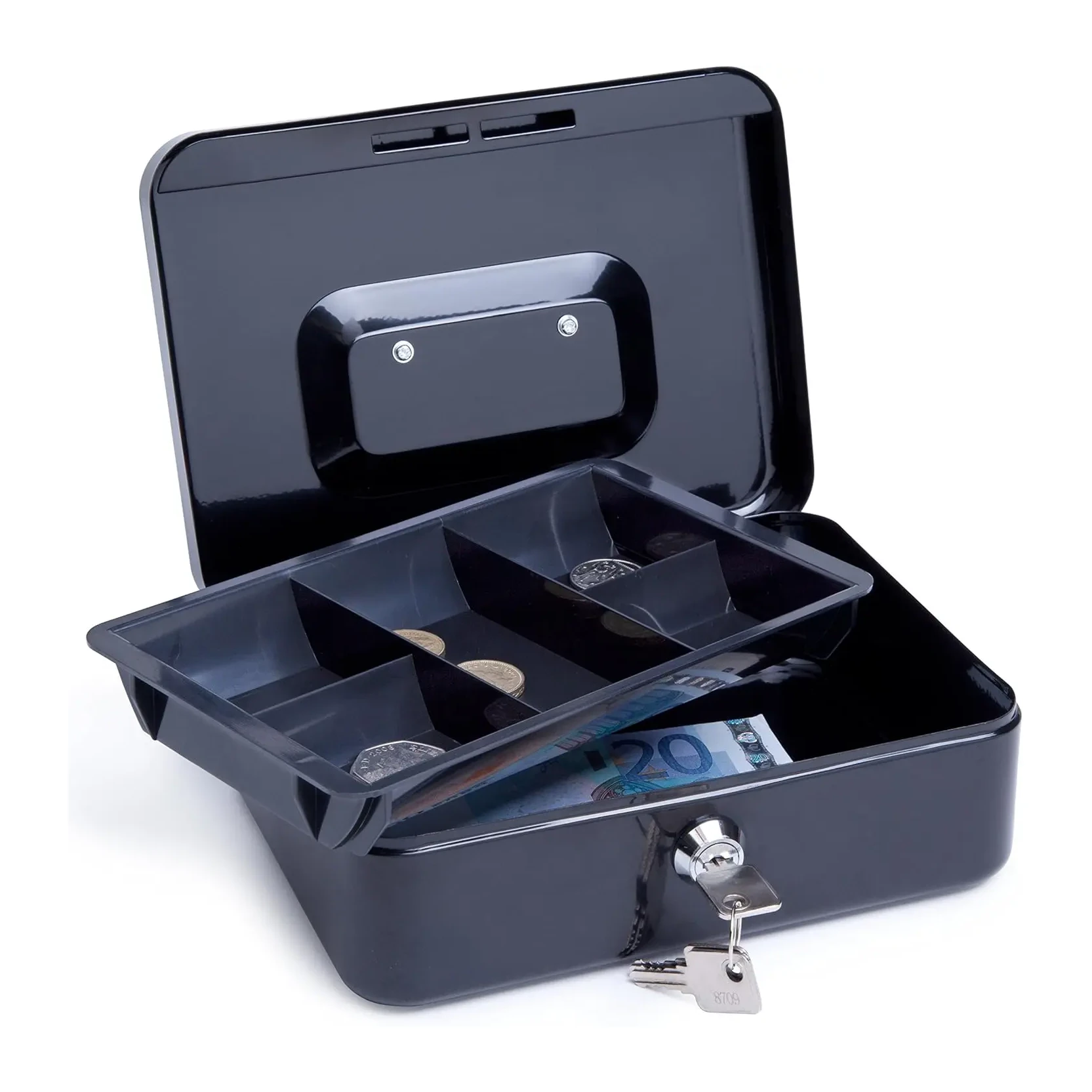 [040496] CAJA DE CAUDALES METÁLICA CON BANDEJA DE MONEDAS 20X8X14CM