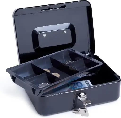 [040496] CAJA DE CAUDALES METÁLICA CON BANDEJA DE MONEDAS 20X8X14CM