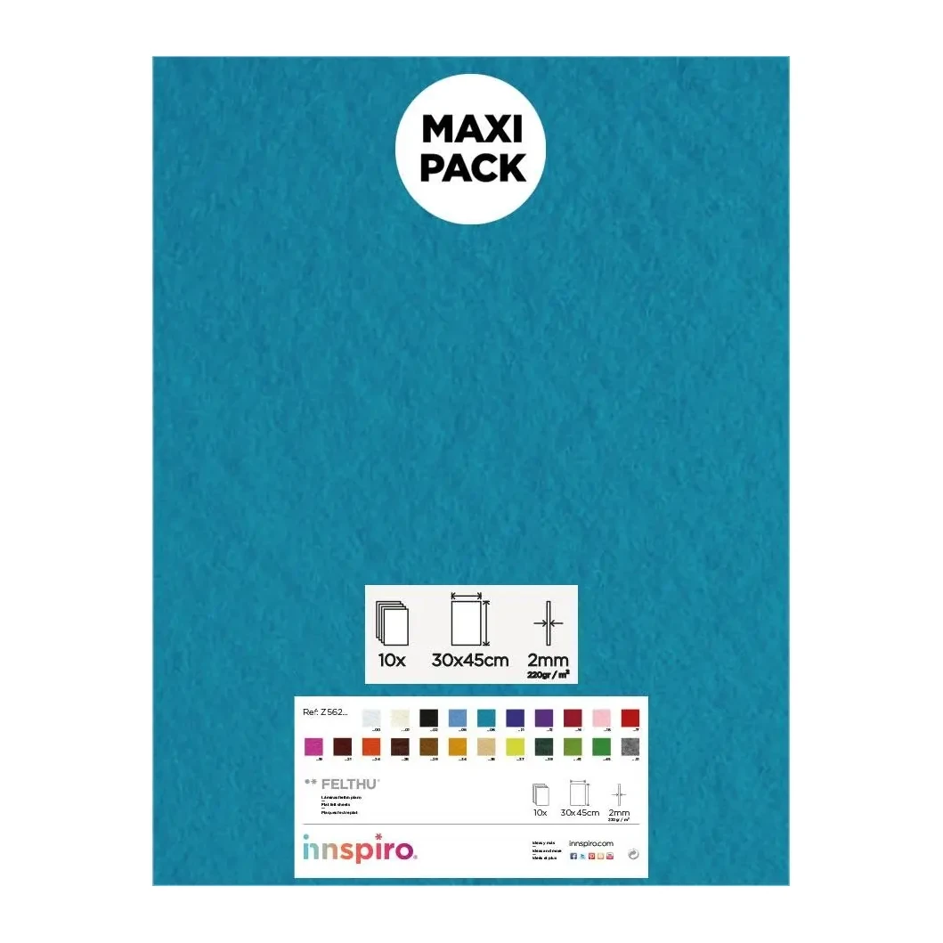 [825132] LAMINA FIELTRO ACRÍLICO AZUL TURQUESA  30x45 CM 160 g/m² PACK 10 UNIDADES INNSPIRO