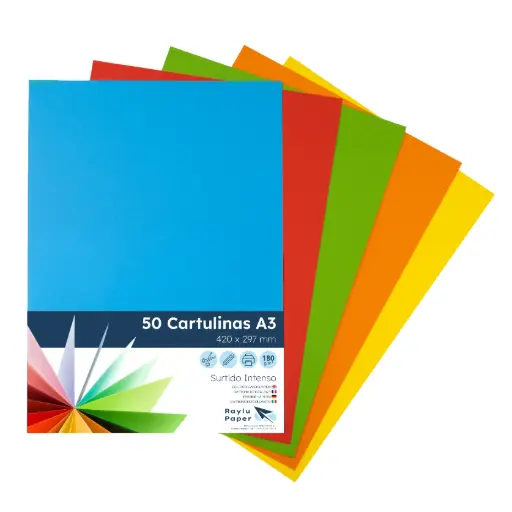 [825348] CARTULINAS RAYLU COLORES VIVOS SURTIDOS A3 180 GRAMOS PACK 50 HOJAS RAYLU