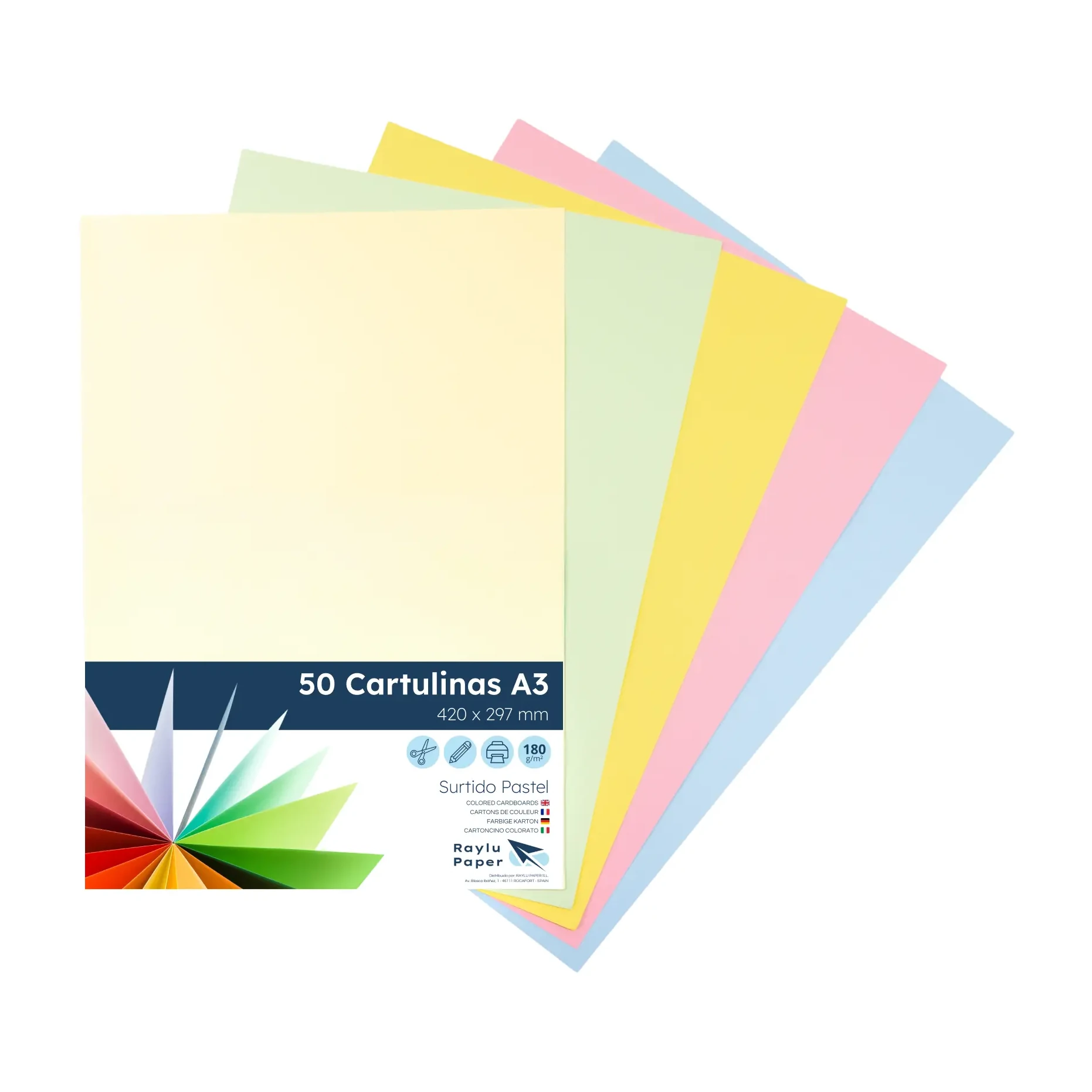 [825347] CARTULINAS RAYLU COLORES PASTEL SURTIDOS A3 180 GRAMOS PACK 50 HOJAS RAYLU
