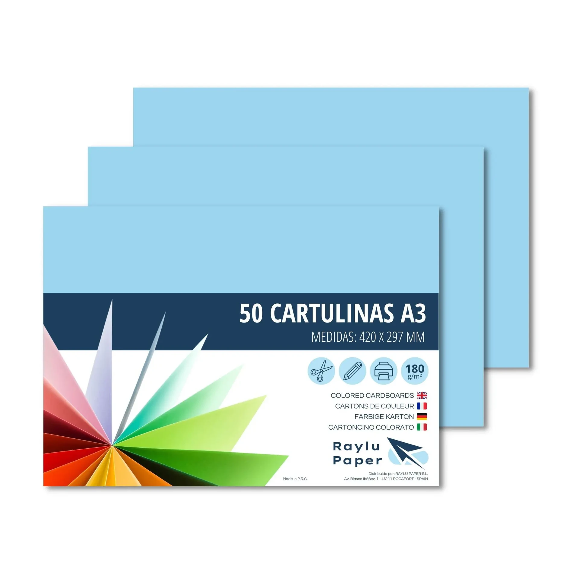 [630738] CARTULINAS RAYLU A3 180 GRAMOS AZUL CELESTE 50 HOJAS