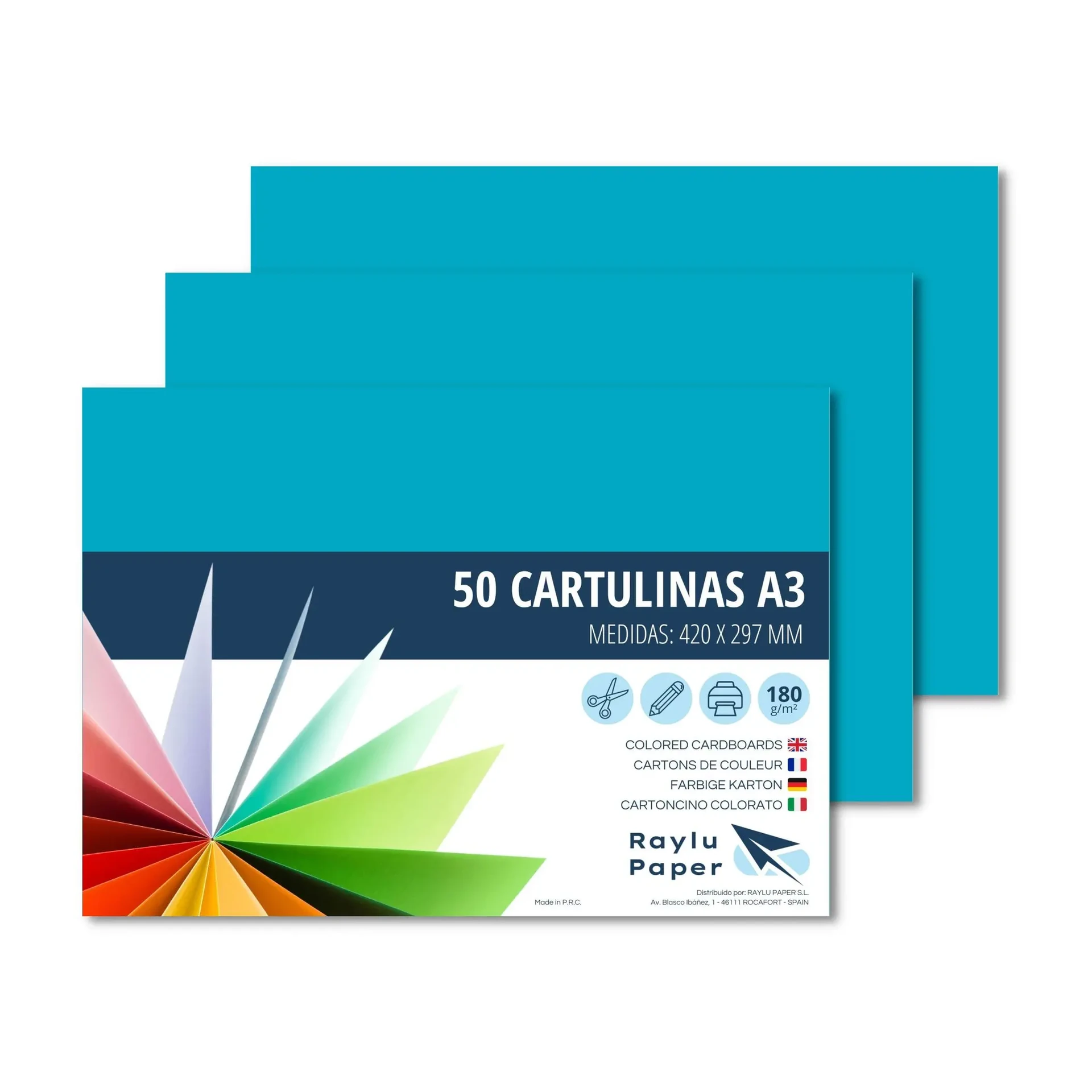 [630743] CARTULINAS RAYLU A3 180 GRAMOS TURQUESA 50 HOJAS