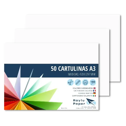 [630736] CARTULINAS RAYLU A3 180 GRAMOS BLANCO 50 HOJAS