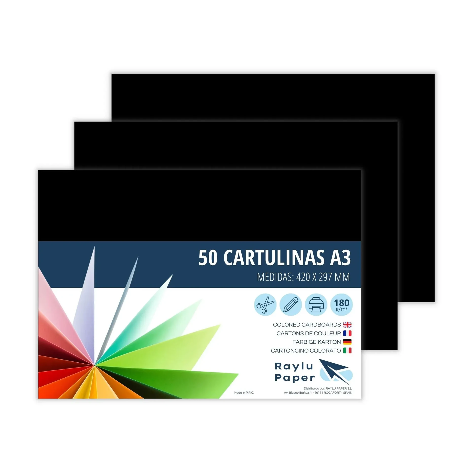[630742] CARTULINAS RAYLU A3 180 GRAMOS NEGRA 50 HOJAS