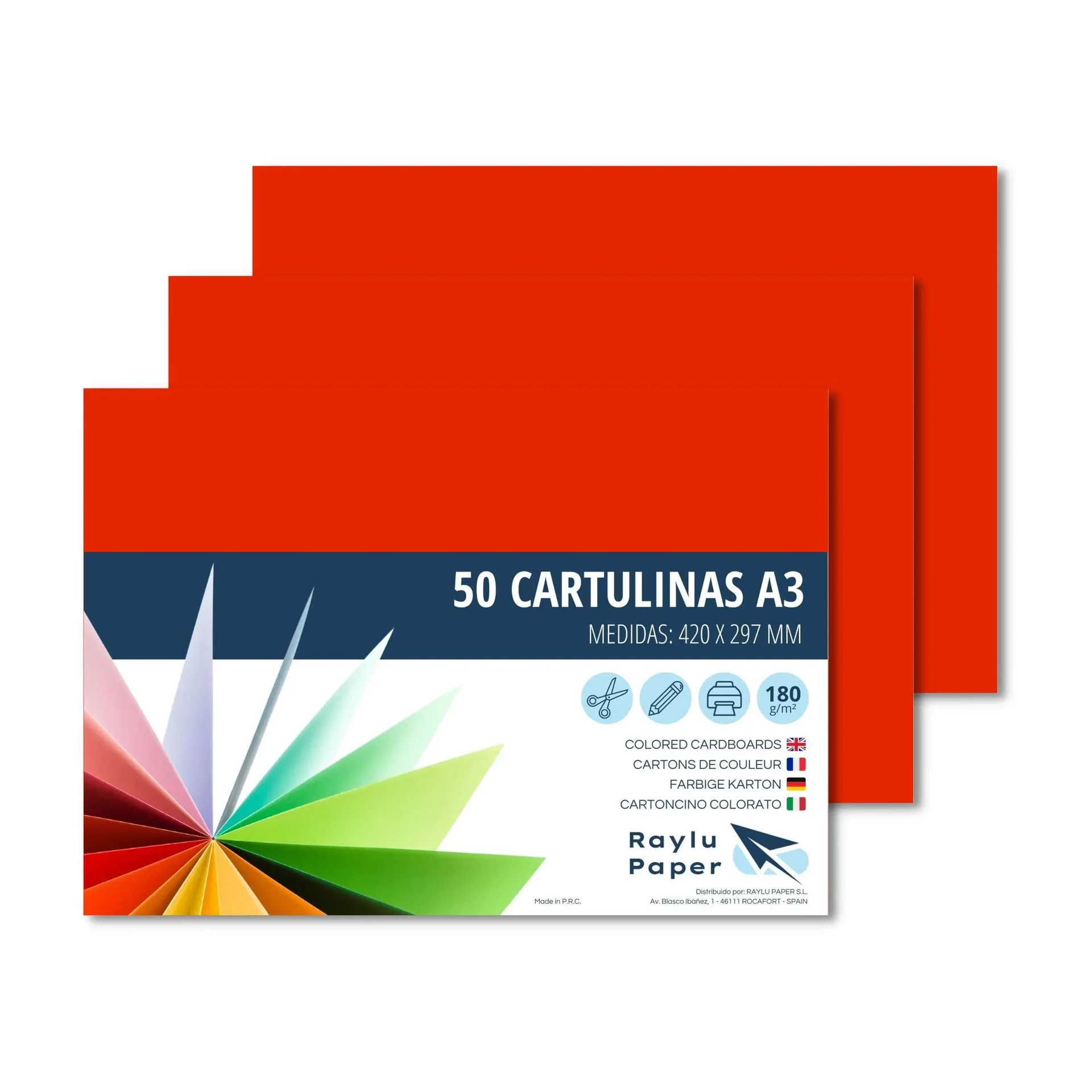 [630740] CARTULINAS RAYLU A3 180 GRAMOS ROJO TOMATE 50 HOJAS