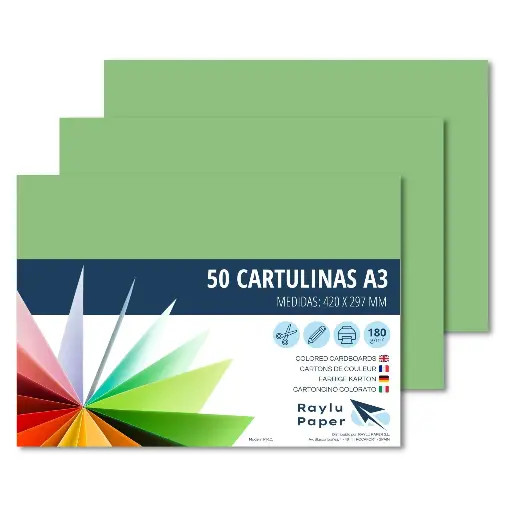 [630741] CARTULINAS RAYLU A3 180 GRAMOS VERDE MANZANA 50 HOJAS