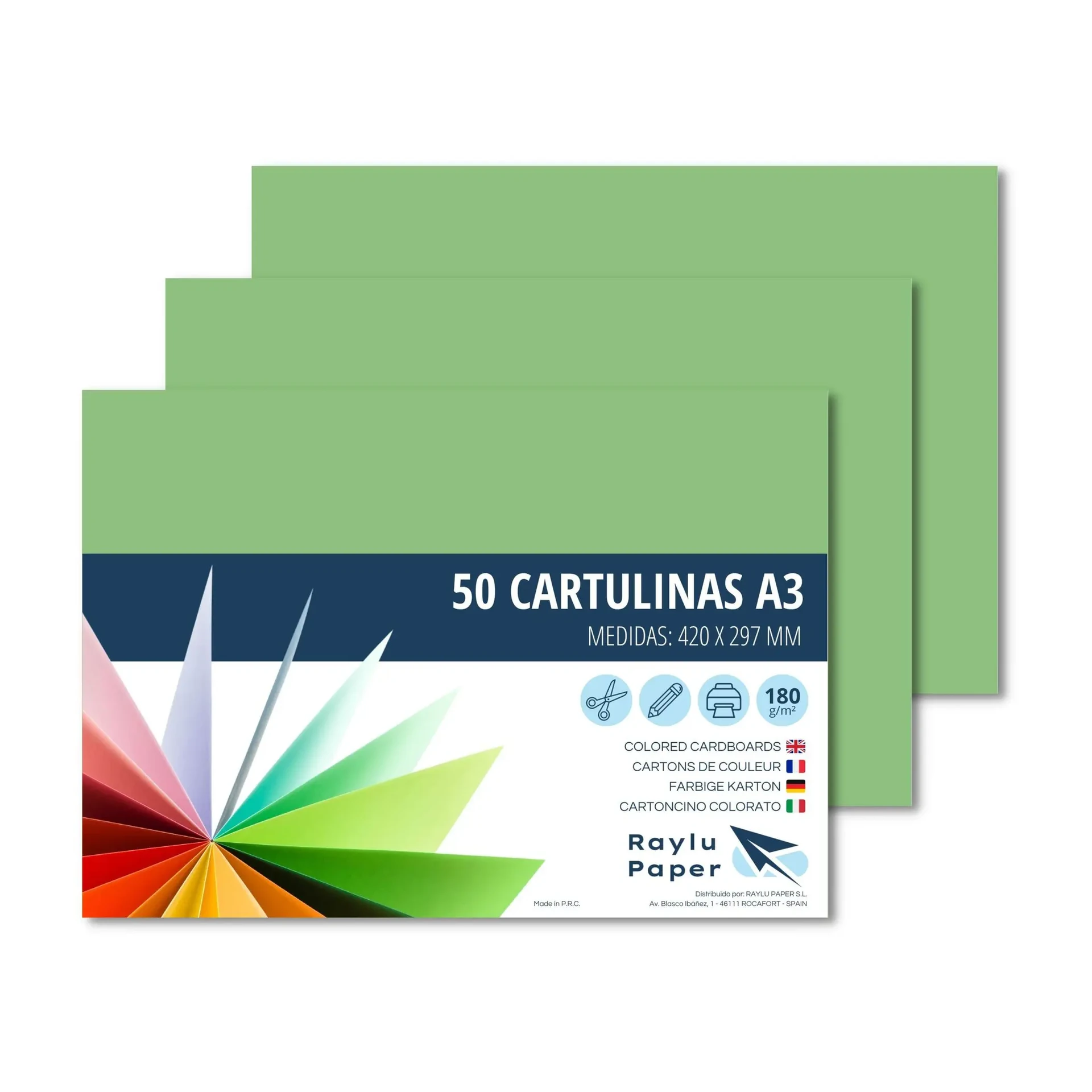 [630741] CARTULINAS RAYLU A3 180 GRAMOS VERDE MANZANA 50 HOJAS