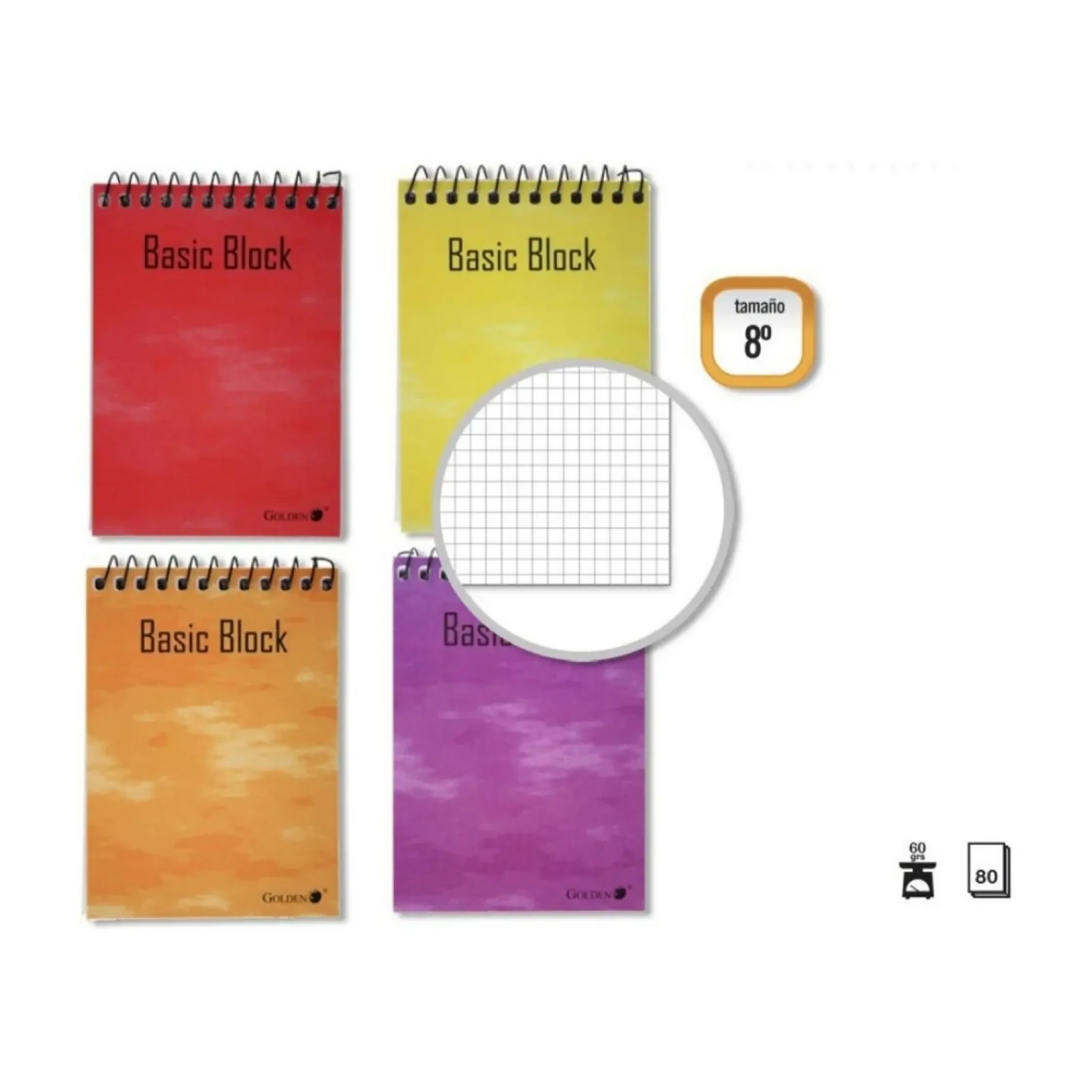 [001137] BLOC ESPIRAL GOLDEN 8º APAISADO 105 × 150MM 80 HOJAS, 60 G/M² CUADRÍCULA