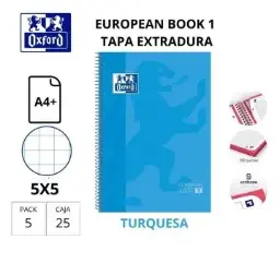 BLOC OXFORD A4+ ESPIRAL CUADRÍCULA 5 MM TURQUESA (EUROPEANBOOK 1) 