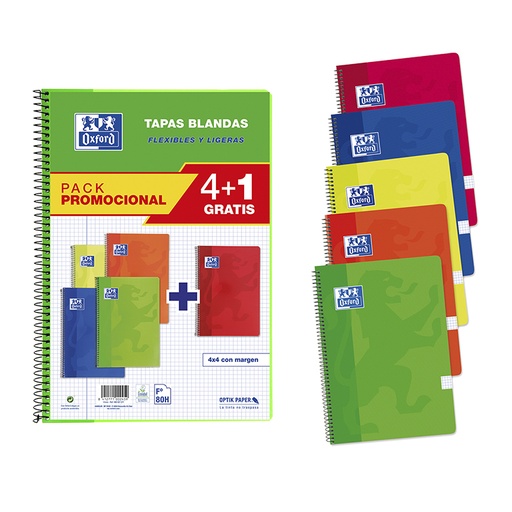 [029002] BLOC OXFORD FOLIO ESPIRAL CUADRÍCULA 4 MM – 80 HOJAS, TAPA BÁSICA PACK 4+1