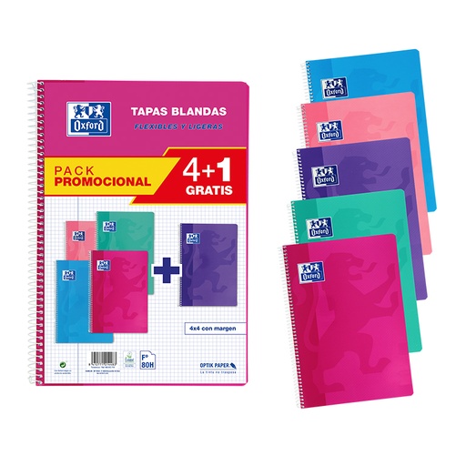 [002395] BLOC OXFORD FOLIO ESPIRAL CUADRÍCULA 4MM 80 HOJAS TAPA BÁSICA PACK 4+1