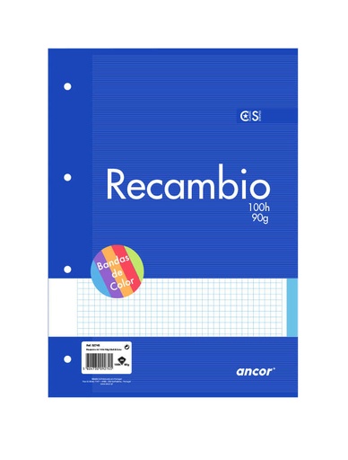 [001829] RECAMBIO A4 100 HOJAS 90 GRAMOS CUADRO 4MM 5 COLORES RAYLU