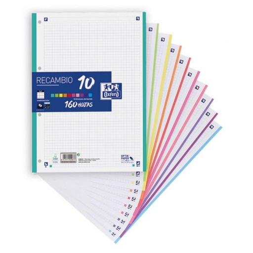 [650161] RECAMBIO A4 OXFORD CUADRÍCULA 5x5 200 HOJAS 4 TALADROS 10 COLOLORES  