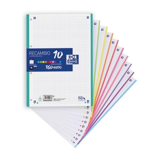 [650161] RECAMBIO A4 OXFORD CUADRÍCULA 5x5 200 HOJAS 4 TALADROS 10 COLOLORES  
