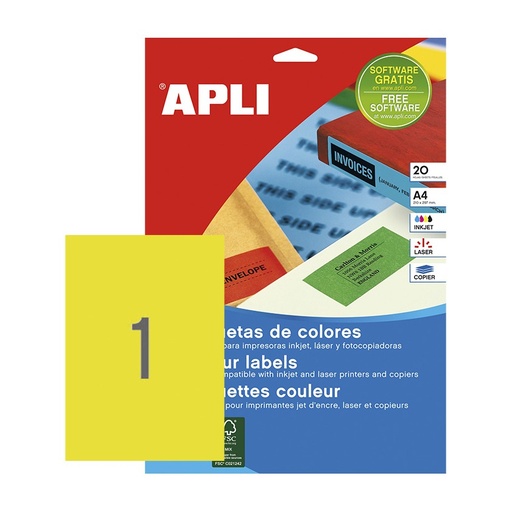 [028437] APLI ETIQUETAS AMARILLAS PERMANENTES 210X297MM 20 HOJAS
