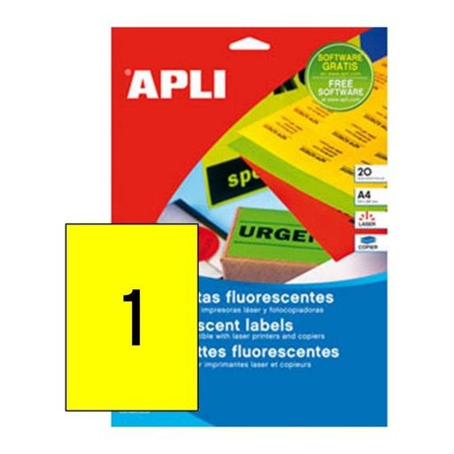 [029282] APLI ETIQUETAS AMARILLO FLUORESCENTE PERMANENTES 210X297MM 20 HOJAS