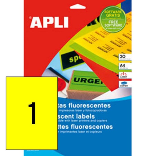 [029282] APLI ETIQUETAS AMARILLO FLUORESCENTE PERMANENTES 210X297MM 20 HOJAS