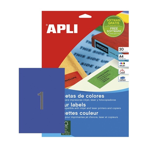 [028438] APLI ETIQUETAS AZULES PERMANENTES 210X297MM 20 HOJAS