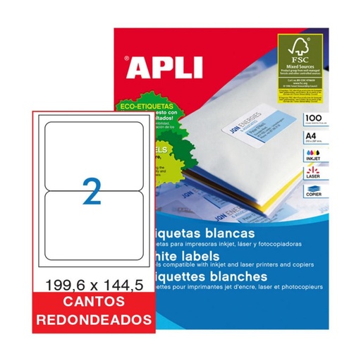 [029806] APLI ETIQUETAS BLANCAS PERMANENTES 199,6X144,5MM 100 HOJAS