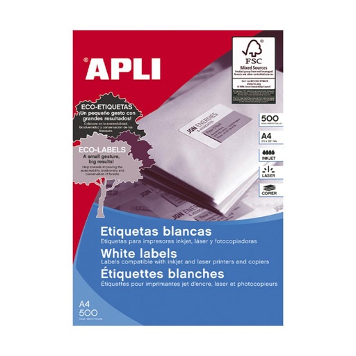 [003447] APLI ETIQUETAS BLANCAS PERMANENTES 210X297MM A4 500 HOJAS