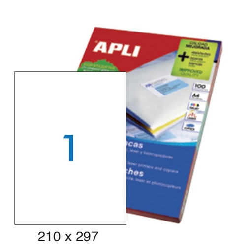 [001265] APLI ETIQUETAS BLANCAS PERMANENTES 210X297MM 100 HOJAS