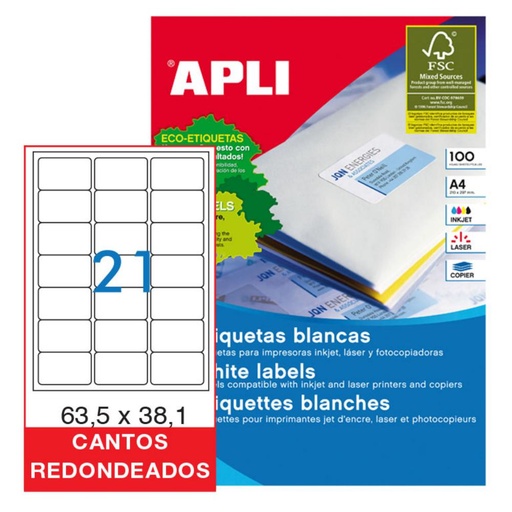 [029817] APLI ETIQUETAS BLANCAS PERMANENTES 63,5X38,1MM 100 HOJAS 