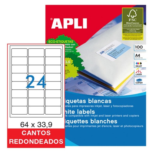 [029814] APLI ETIQUETAS BLANCAS PERMANENTES 64,0X33,9MM 100 HOJAS 