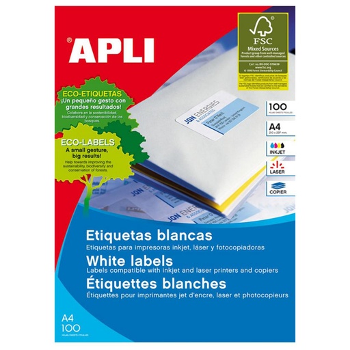 [029219] APLI ETIQUETAS BLANCAS PERMANENTES 64,6X33,8MM 100 HOJAS