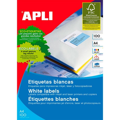 [029837] APLI ETIQUETAS BLANCAS PERMANENTES 70X33,8MM 100 HOJAS