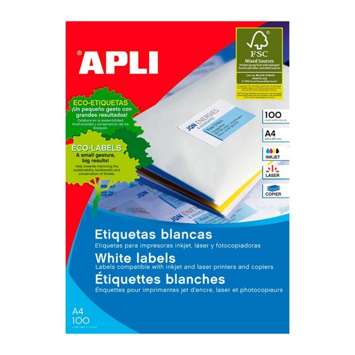 [029837] APLI ETIQUETAS BLANCAS PERMANENTES 70X33,8MM 100 HOJAS