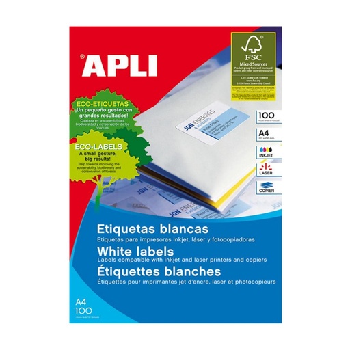 [029833] APLI ETIQUETAS BLANCAS PERMANENTES 70X50,8MM 100 HOJAS