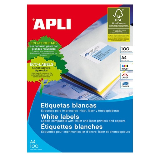 [029833] APLI ETIQUETAS BLANCAS PERMANENTES 70X50,8MM 100 HOJAS