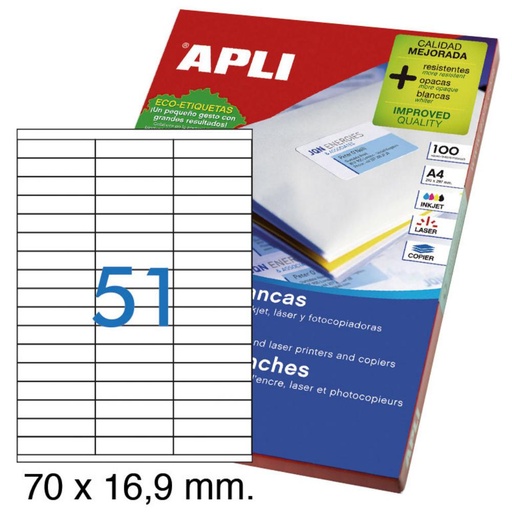 [003347] APLI ETIQUETAS BLANCAS PERMANENTES 70,0X16,9MM 100 HOJAS