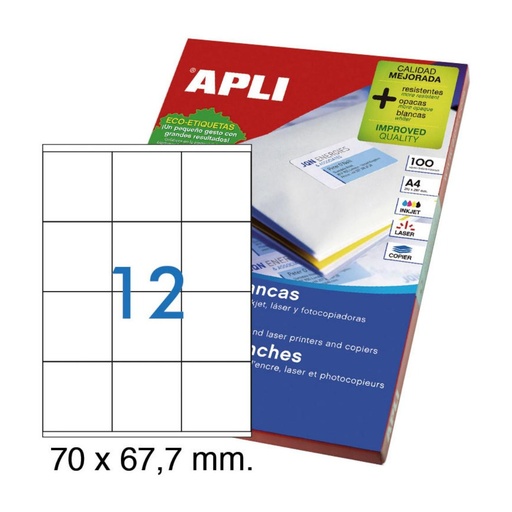 [003345] APLI ETIQUETAS BLANCAS PERMANENTES 70,0X67,7MM 100 HOJAS