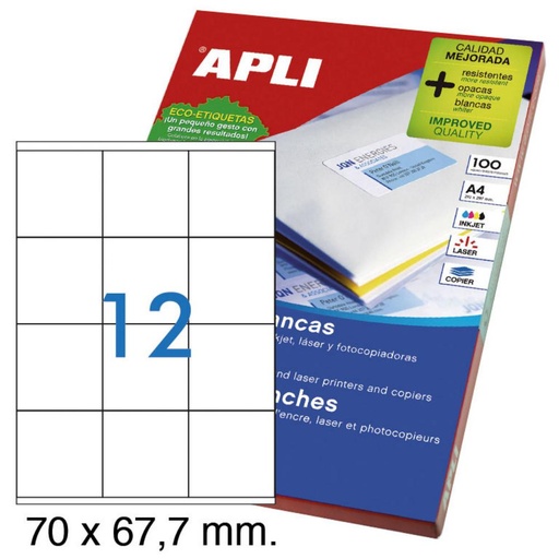 [003345] APLI ETIQUETAS BLANCAS PERMANENTES 70,0X67,7MM 100 HOJAS