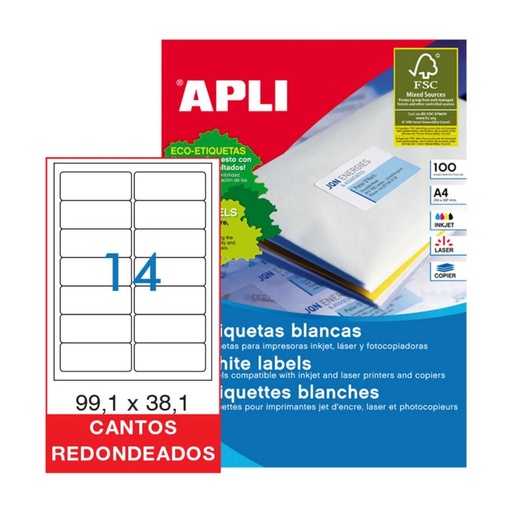 [029811] APLI ETIQUETAS BLANCAS PERMANENTES 99,1X38,1MM 100 HOJAS 