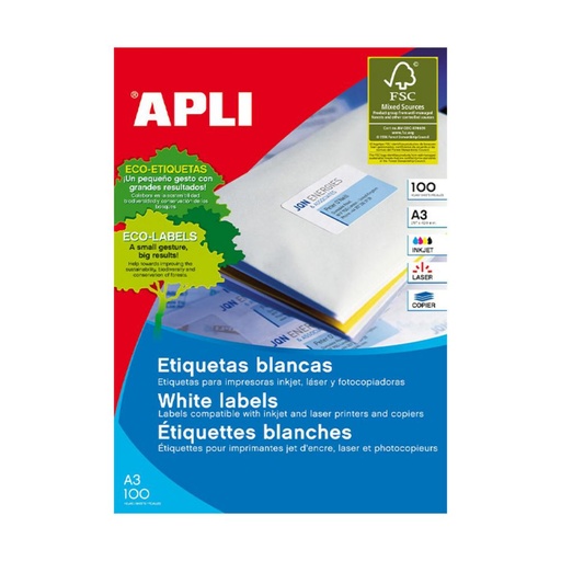[003445] APLI ETIQUETAS BLANCAS PERMANENTES A3 297X420MM 100 HOJAS