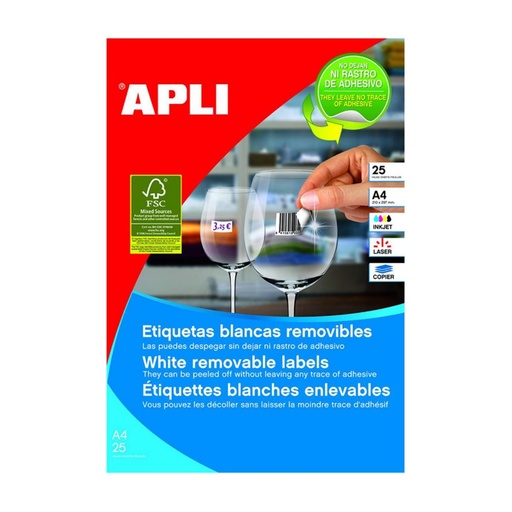 [002101] APLI ETIQUETAS BLANCAS REMOVIBLES 25,4X10MM 25 HOJAS 
