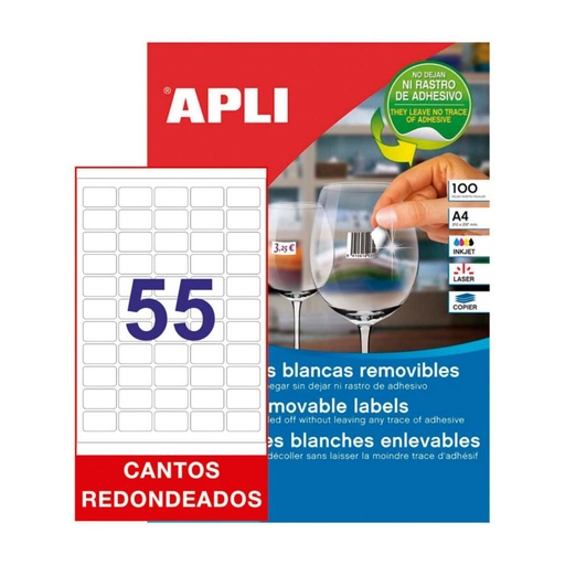[002068] APLI ETIQUETAS BLANCAS REMOVIBLES 36,8X23,8MM 100 HOJAS