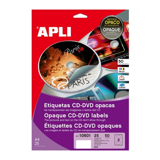 [002079] APLI ETIQUETAS CD/DVD PERMANENTES Ø117MM OPACAS 25 HOJAS