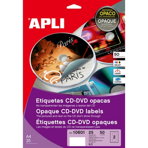 [002079] APLI ETIQUETAS CD/DVD PERMANENTES Ø117MM OPACAS 25 HOJAS