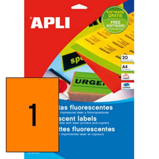 [029281] APLI ETIQUETAS NARANJA FLUORESCENTE PERMANENTES 210X297MM 20 HOJAS