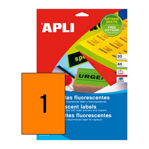 [029281] APLI ETIQUETAS NARANJA FLUORESCENTE PERMANENTES 210X297MM 20 HOJAS