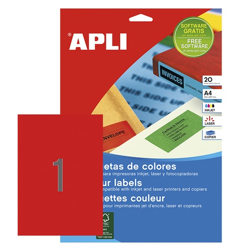[028439] APLI ETIQUETAS ROJAS PERMANENTES 210X297MM 20 HOJAS