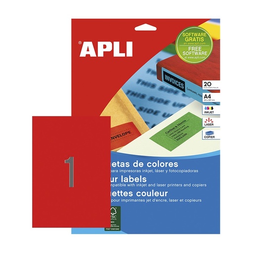 [028439] APLI ETIQUETAS ROJAS PERMANENTES 210X297MM 20 HOJAS