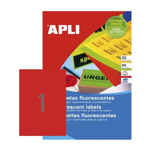 [028441] APLI ETIQUETAS ROJO FLUORESCENTE PERMANENTES 210X297MM 20 HOJAS