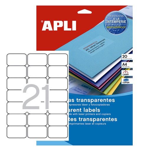 [028444] APLI ETIQUETAS TRANSLÚCIDAS RESISTENTES INTEMPERIE 63,5X38,1MM 20 HOJAS 