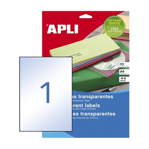 [028443] APLI ETIQUETAS TRANSPARENTES PERMANENTES 210X297MM A4 10 HOJAS