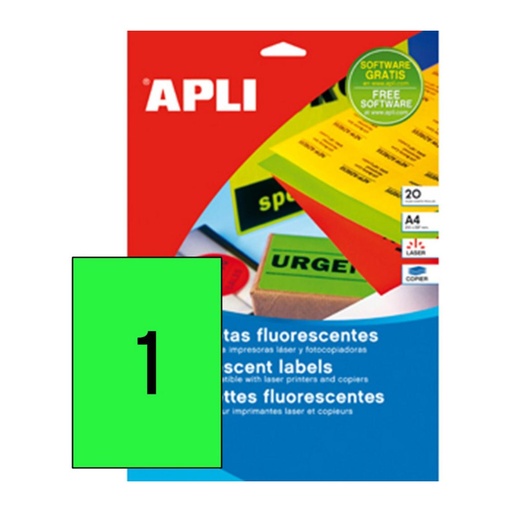 [029279] APLI ETIQUETAS VERDE FLUORESCENTE PERMANENTES 210X297MM 20 ETIQUETAS 
